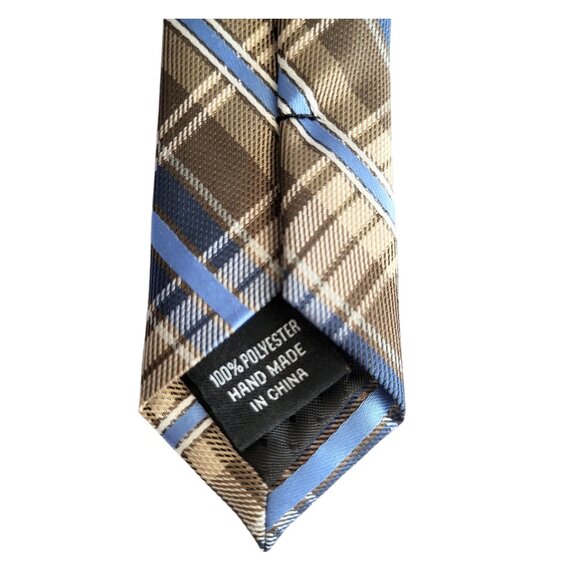 PLATINUM DESIGNS Tan & Blue Plaid 100% Polyester Handmade Tie - Men's OS - Picture 2 of 5